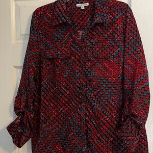Womens's Notations Roll Tab Sleeve Button Down Blouse, Size XL